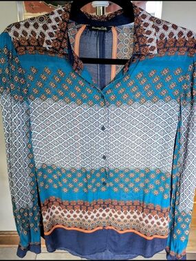 Massimo Dutti Boho Patchwork Mixed Print Button Down Blouse $20